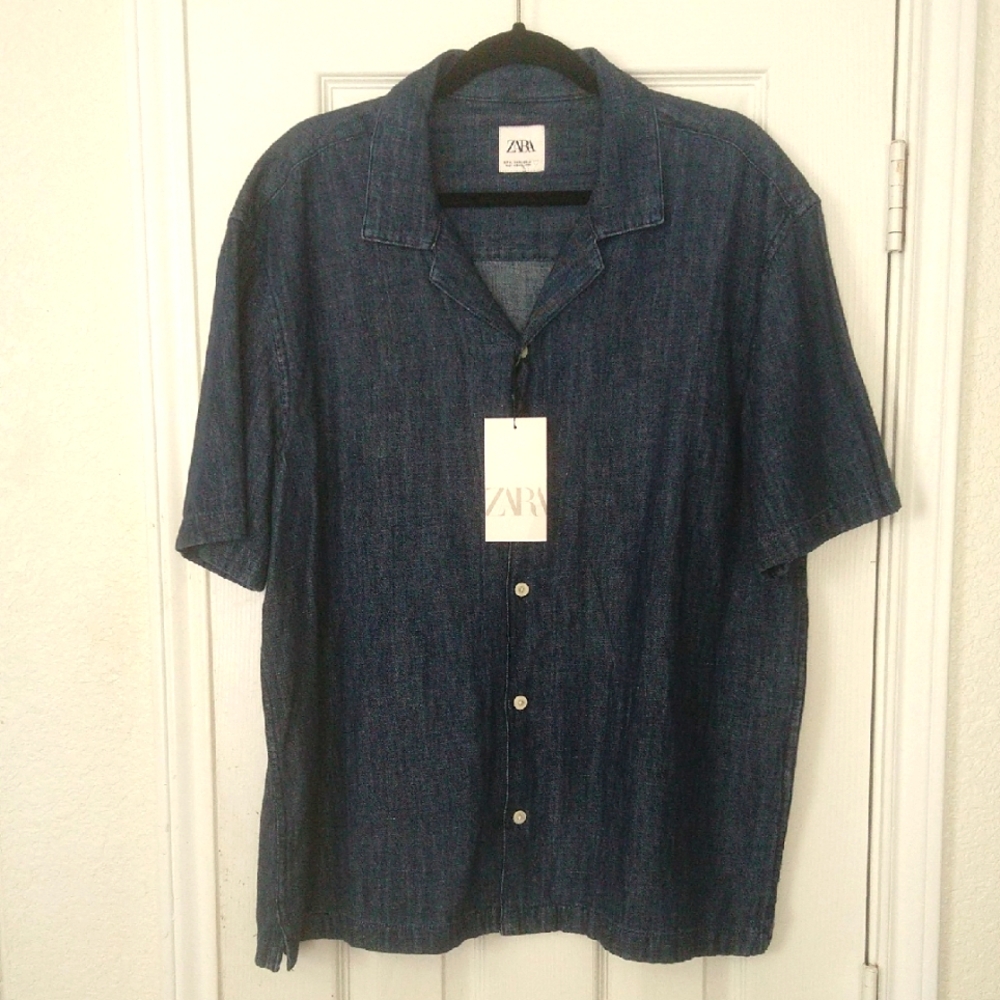 New Zara Men's Dark Blue Denim Casual Button Down Short Sleeve Shirt Size XL